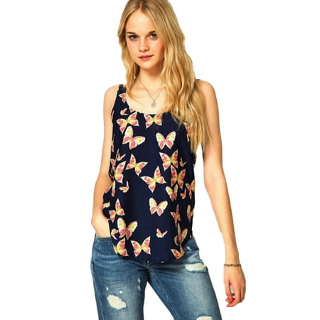 Womens fashion Butterfly Floral Vest Tops Summer Beach Sleeveless Ladies Loose T Shirt Female Tee Shirt