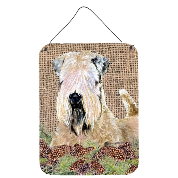 Wheaten Terrier Soft Coated on Faux Burlap with Pine Cones Wall or Door Hanging Prints