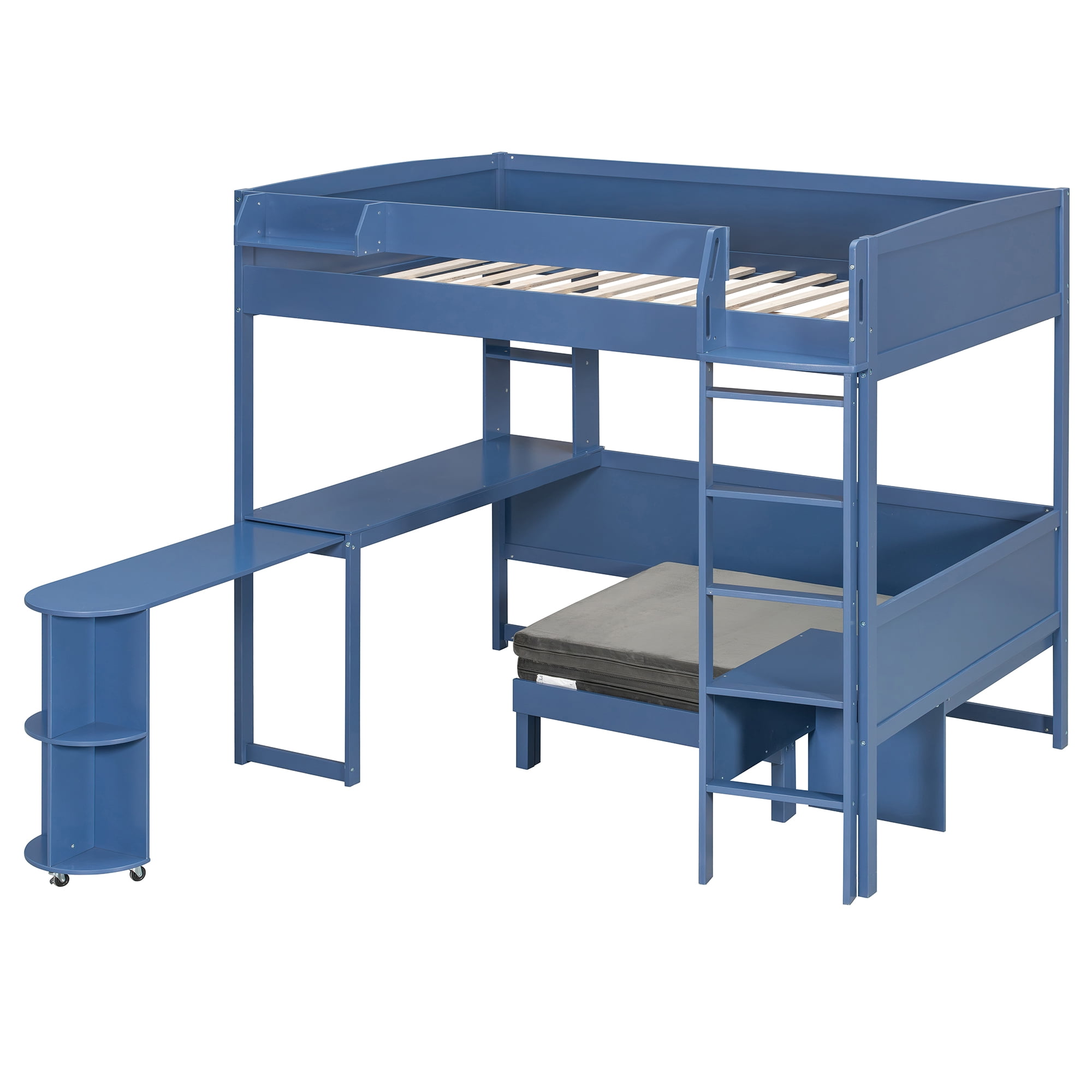 Mintazer Full Size Loft Bed with Desk, LED Light, Bedside Storage Shelf & Sofa Bed Space Saving for Apartment, Bedroom, Navy Blue