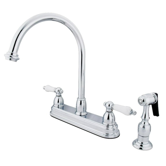 Kingston KB3751PLBS Restoration Two-Handle 4-Hole 8" Centerset Kitchen Faucet with Brass Sprayer in Polished Chrome