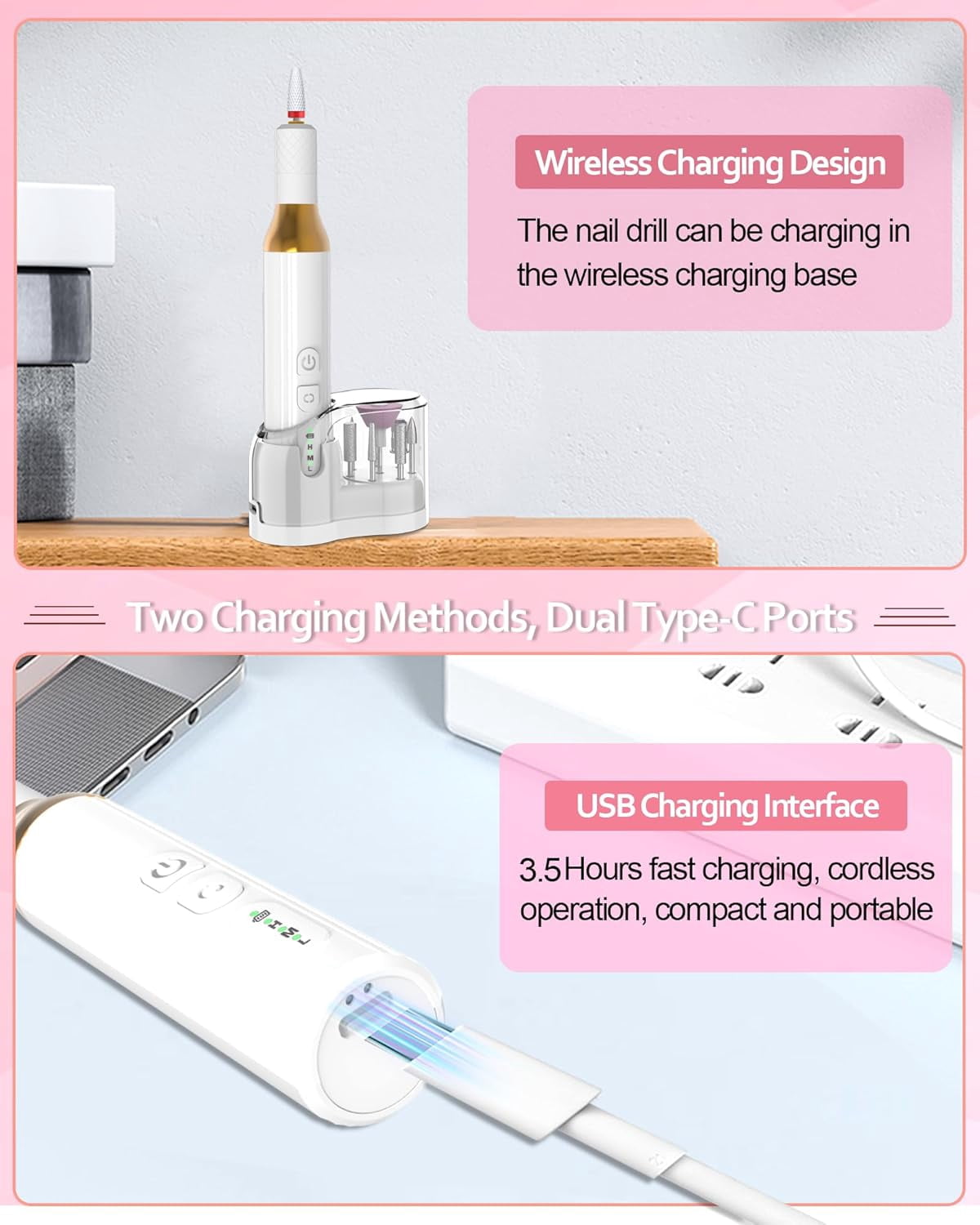 Professional Nail Drill for Acrylic Nails Gel, Protable Electric Cordless Nail Files Efile Manicure Kit Rechargeable for Acrylic Polish Women