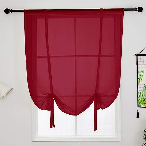 Nvzi Solid Color Sheer Voile Window Curtains Light Filtering Tie Up Shade Adjustable Balloon Drapes Treatment for Small Window,1 Panel (39" x 47",Wine Red)