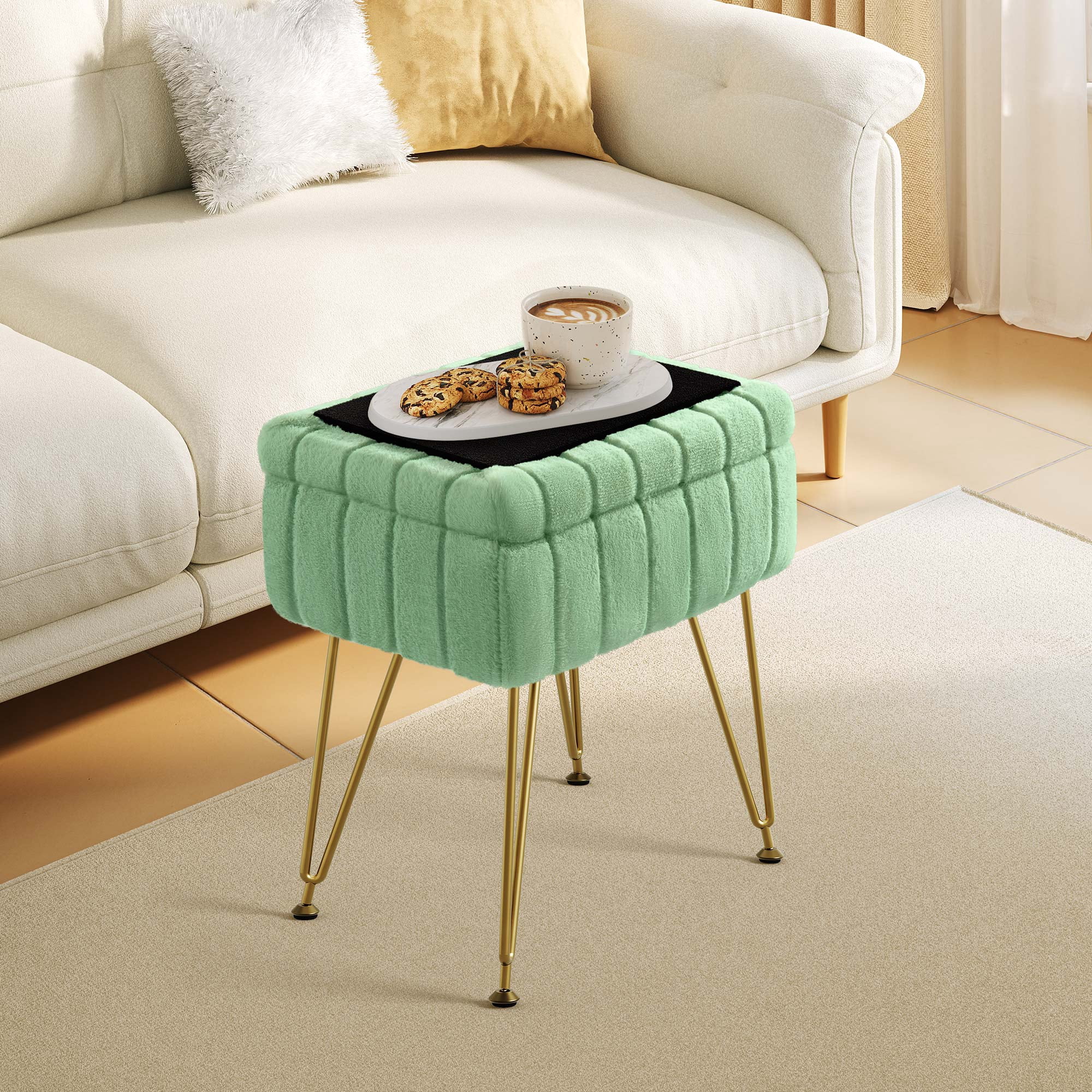 Greenstell Footstools Ottoman Bench with Storage, 15.5”L x 11.6”W x 19.2”H Vanity Faux Fur Padded Stool with Coffee Table Padded Seat and Adjustable Feet for Makeup Bedroom Entryway, Green