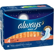 Always Maxi Size 4 Overnight Pads with Wings, Unscented, 28 Count