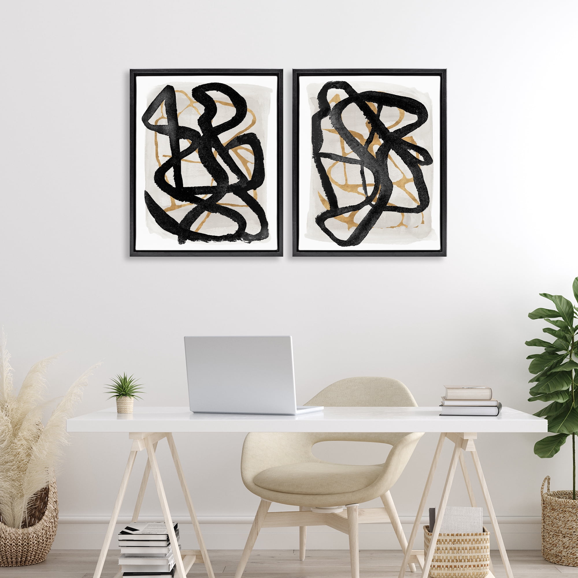 Stupell Industries Contemporary Hindsight Squiggles 2 Piece Black Framed Floater Canvas Set, design by Lucille Price