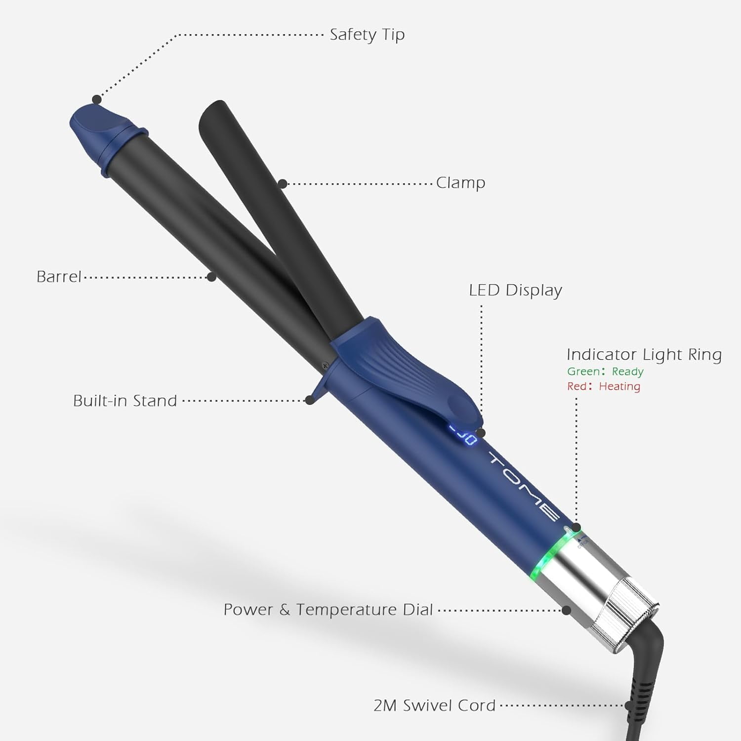 TOME 1 inch Long Barrel Curling Iron, Ceramic Hair Curling Wand Auto Shut Off LED Display,Blue