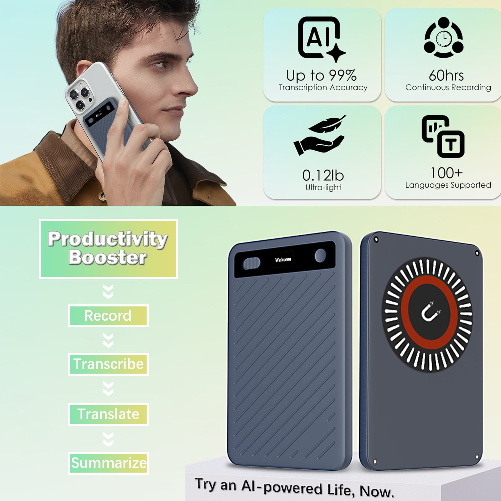 AI Smart Voice Recorder with App Control-Transcribe Translate Summarize to Mind Maps, AI Voice Recorder Compatible with Interviews Lectures Meetings Calls Class, Blue