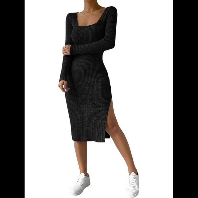 Vestido de Otoño para Mujer, Larga, Cuello Cuadrado, Tejido, Midi, para Playa, Resort, con Abertura, Maxivestido Ajustado. Negro L