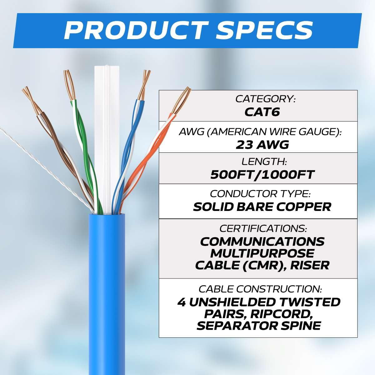 Cables Direct Online 500FT Cat6 Solid Bare Copper 23AWG Bulk Ethernet Cable, CMR ETL Riser, 550MHz POE (Power Over Ethernet) Wire – Blue