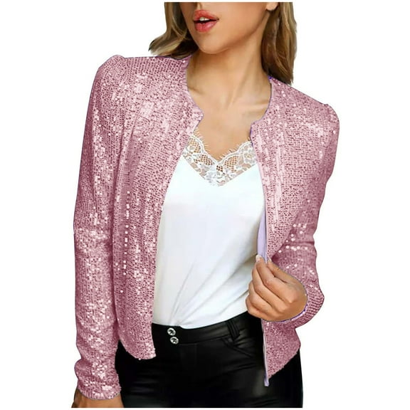 Lovskoo Women's Cropped Sequin Jacket Open Front Blazer Casual Long Sleeve Short Cardigan Spring Fall Jacket Coat Pink