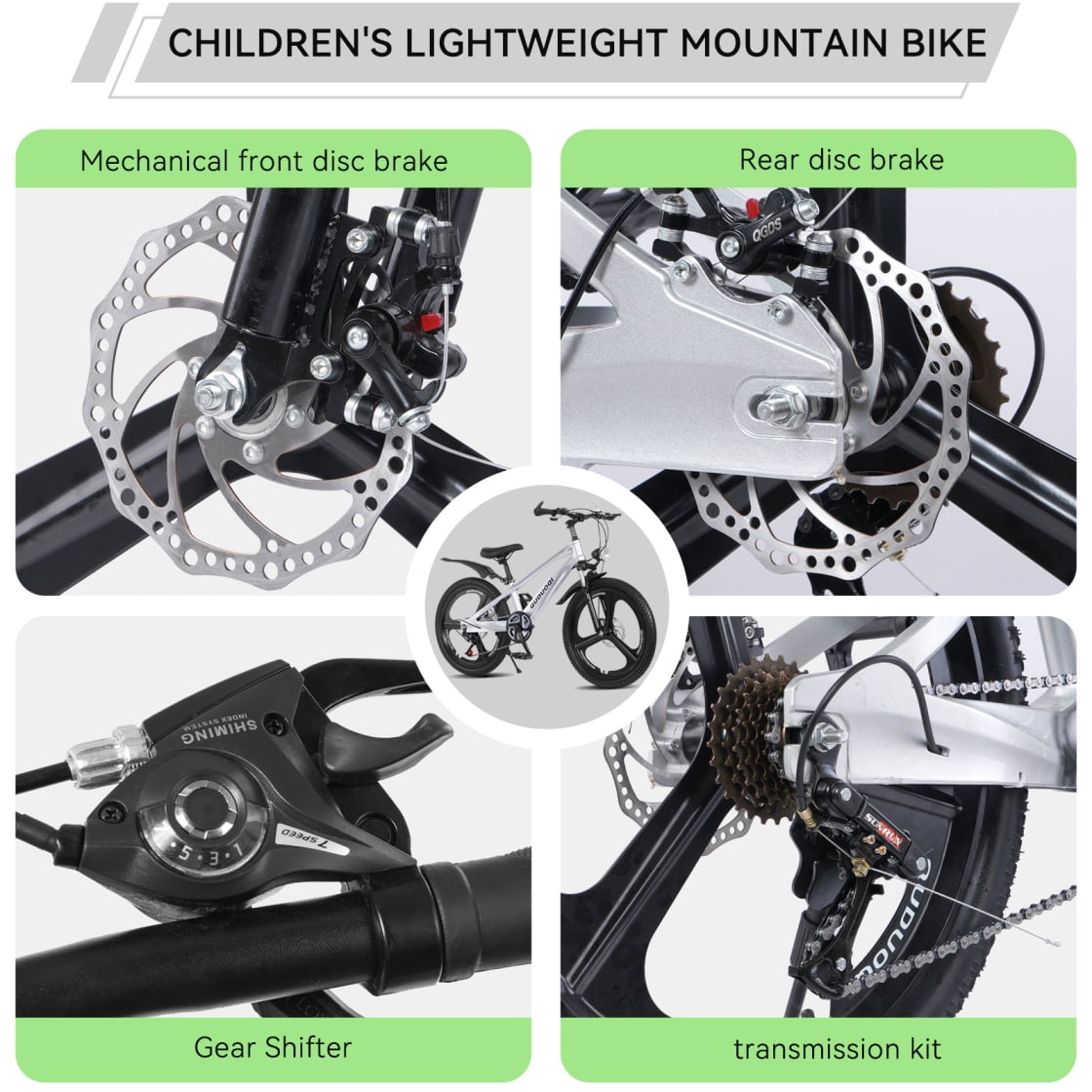20 Inch Kids Mountain Bike, 7-Speed Kids' Bicycles for Boys and Girls with Dual Disc Brakes, Magnesium Alloy Frame and LED Headlight, Silver