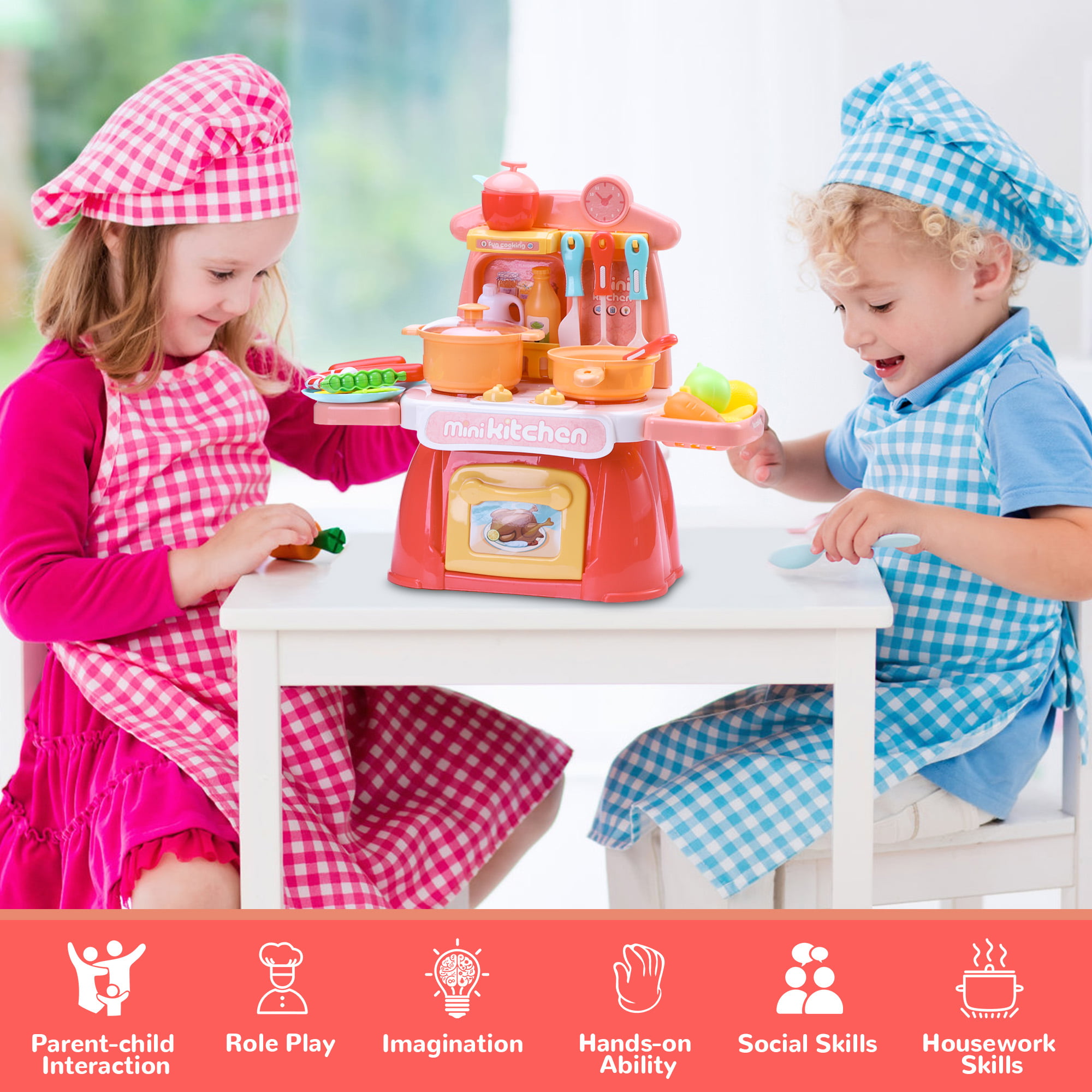 Wisairt Play Kitchen Set, 3Pcs Toy Kitchen Appliance w/Oven Toaster Stirrer  for Toddler Kids, Khaki 