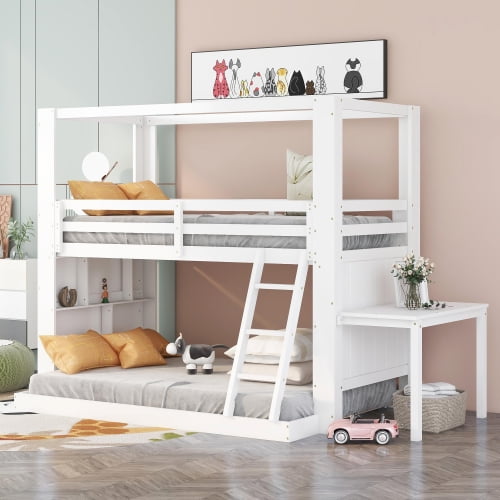 Twin Over Full Bunk Bed with Desk, Storage Shelves and Ladder ...