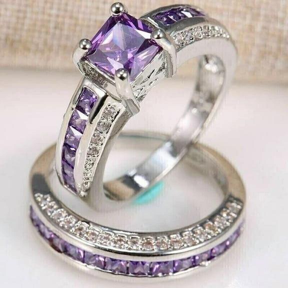 Sparkle Jewels 3 Ct Princess Cut Purple CZ Women Bridal Set Ring 14k White Gold Plated