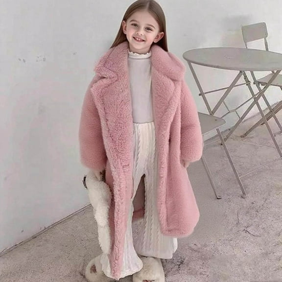 MKOSPLRT Girls Winter Dress Coat Faux Fur Outwear Notch Collar Open Front Long Windbreaker Clothes Warm Overcoat Kids Fleece Jacket 2-10Y