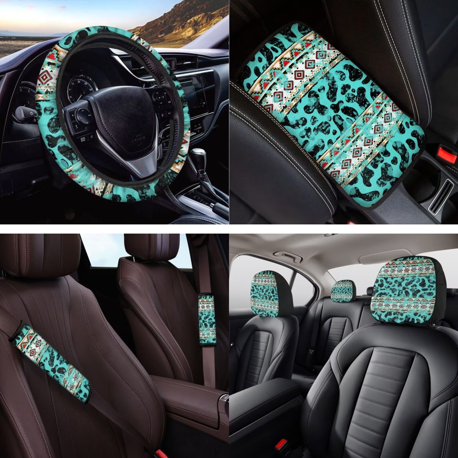 Yuyamidu Cow Print Car Seat Covers Full Set of 14 Cyan Aztec Steering Wheel Cover Seatbelt Shoulder Pad Car Headrest Covers Armrest Pad Key Ring Coasters for SUV Sedan