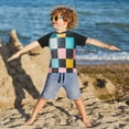 thumbnail image 3 of FORMRS Boys Rash Guard with Short Sleeves UPF 50+ Swim Shirts Sizes 3-12T, Pink Checkered Pattern, 3 of 6