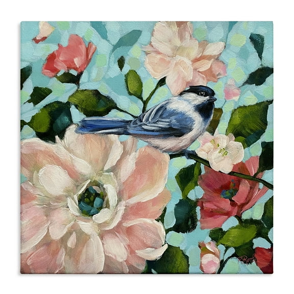 Stupell Industries Blue Bird & Bold Flowers Plants & Flowers Painting Wrapped Canvas Art Print Wall Art, 17 x 17