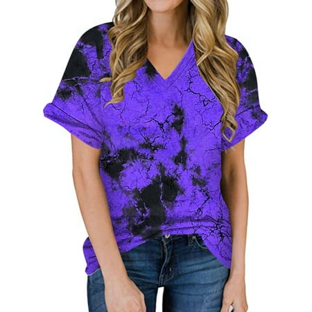 

Hfyihgf Womens Summer V Neck Tshirt Tops Casual Trendy Loose Fit Tunic Tees Ladies Sexy Rolled Short Sleeve Tie Dye Blouses Shirt(01#Purple XL)