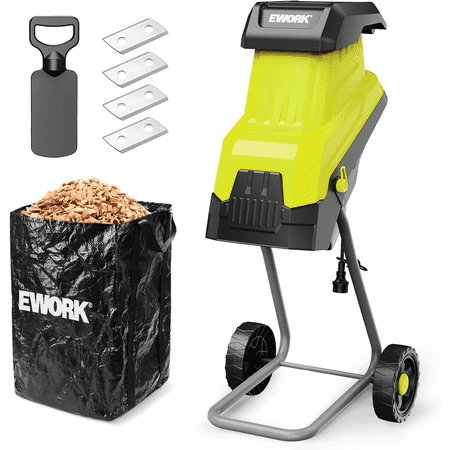 EWORK 15-Amp Electric Wood Chipper Shredder, 15:1 High Reduction Ratio with 4 Steel Blades Included, 1.77 Inch Capacity, Garden Mulcher for Composting Branches and Twigs