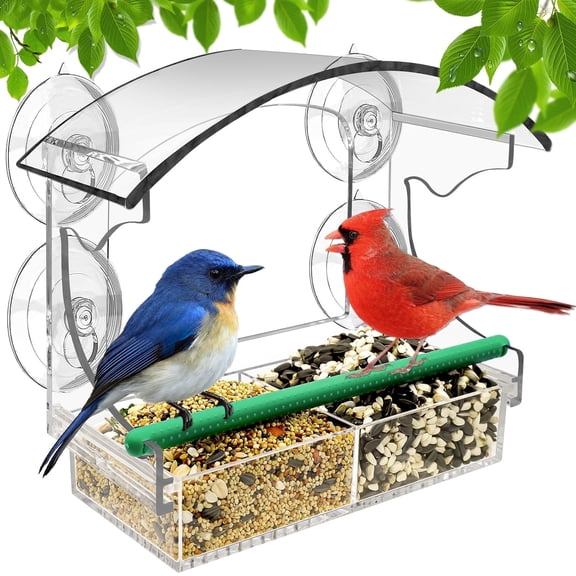 Window Bird Feeder with Strong Suction Cups - Clear Acrylic Removable Seed Tray with Drain Holes - Up-Close Outdoor Bird Watching - Keeps Nuts & Seeds Fresh and Dry