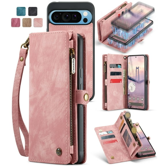 Dteck Wallet Case for Google Pixel 9 Pro / 9, Zipper Purse Folio Leather Wallet with Card Holder Wrist Strap Detachable Magnetic Shockproof Protective Back Case for Google Pixel 9 Pro / 9 5G, Pink