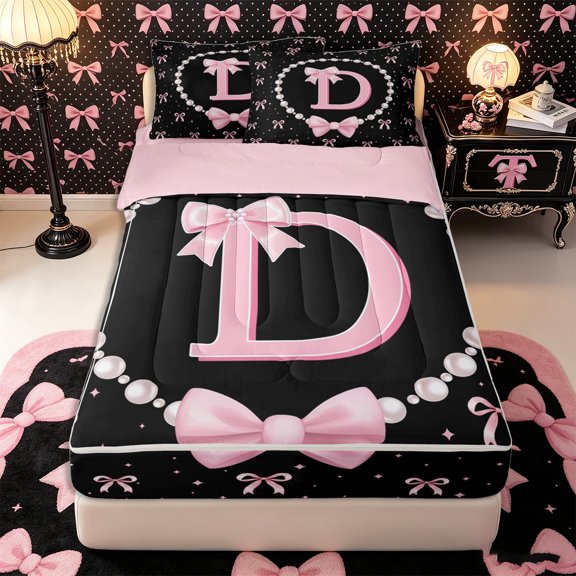 Manfei Cartoon Bow Letter D Zipper Twin Comforter Sets with Fitted Sheet and 2 Pillowcases for Girls Teens,Princess Alphabet Pearl Bow Print Zipper Bedding Set,4-Piece,Pink Reversible
