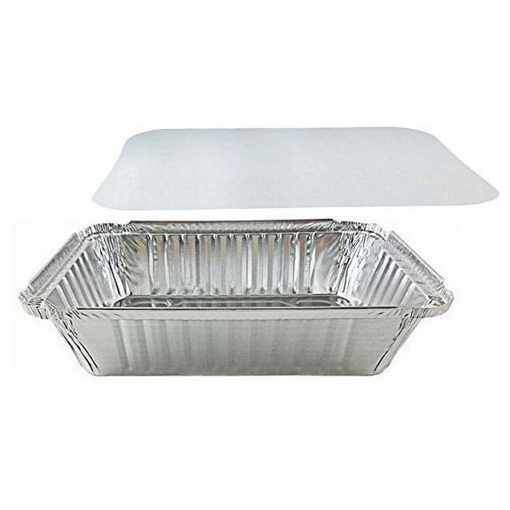 Pactogo 2 1/4 lb. Oblong Deep Aluminum Foil Take-Out Pan with Board Lid Disposable Containers 8.44" x 5.94" x 1.81" (Pack of 12 Sets)