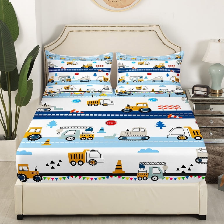 Erosebridal Cartoon Car Queen Sheet Set - 3Pcs Excavator Tractor Bedding For Boys, Reversible All Season