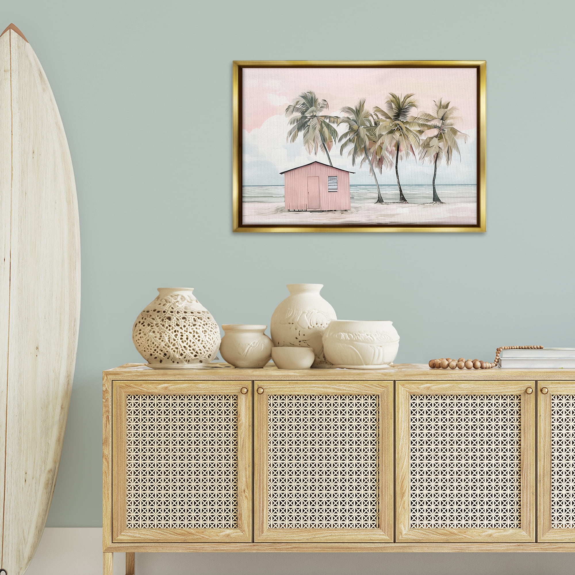 Stupell Industries Pink Beach Hut & Palms Nautical & Beach Painting Gold Floater Framed Canvas Art Print Wall Art, 31 x 21