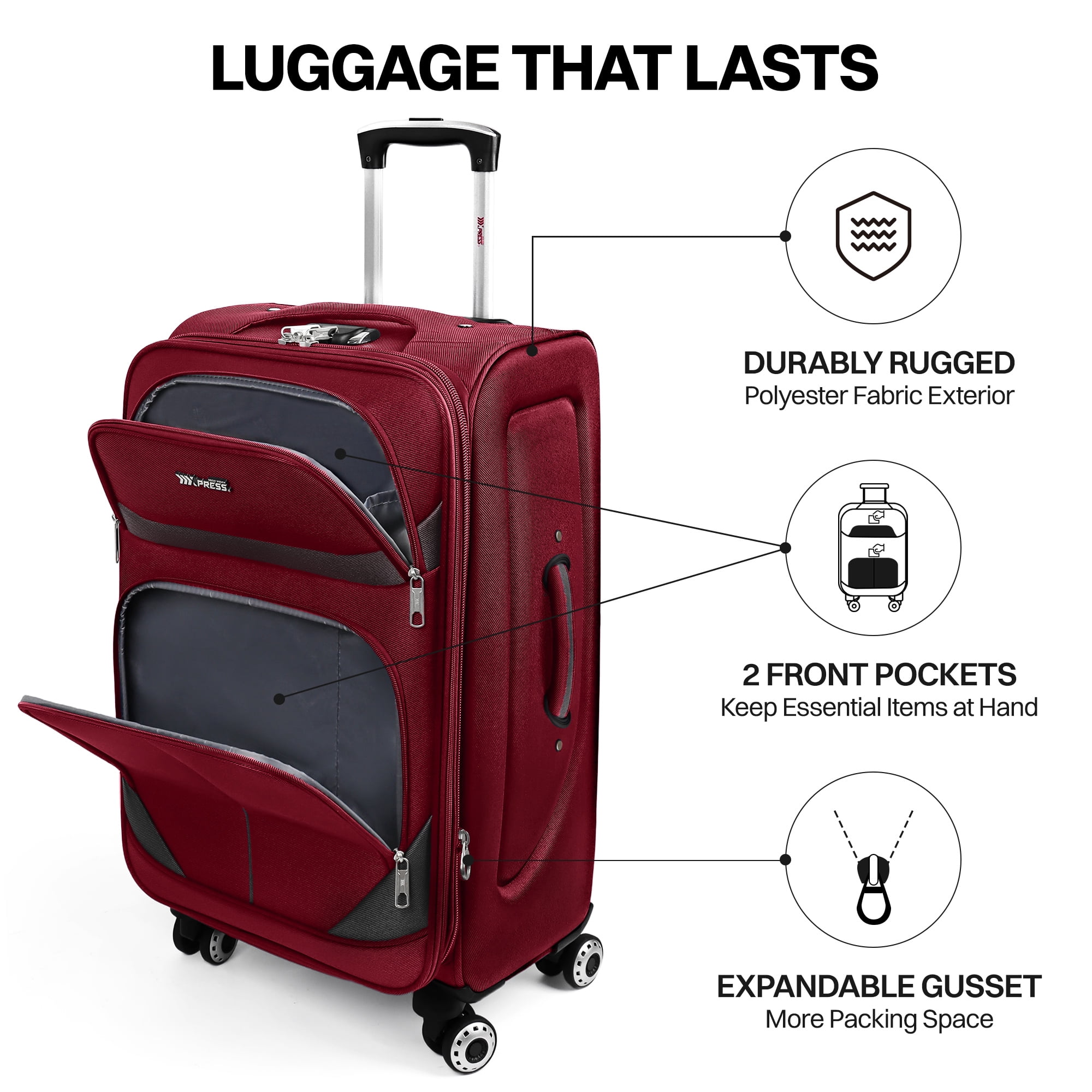 New York Xpress 28" Softside Large Checked Luggage Lightweight Expandable Suitcase with Spinner Wheels, Burgundy/Grey, WD8815
