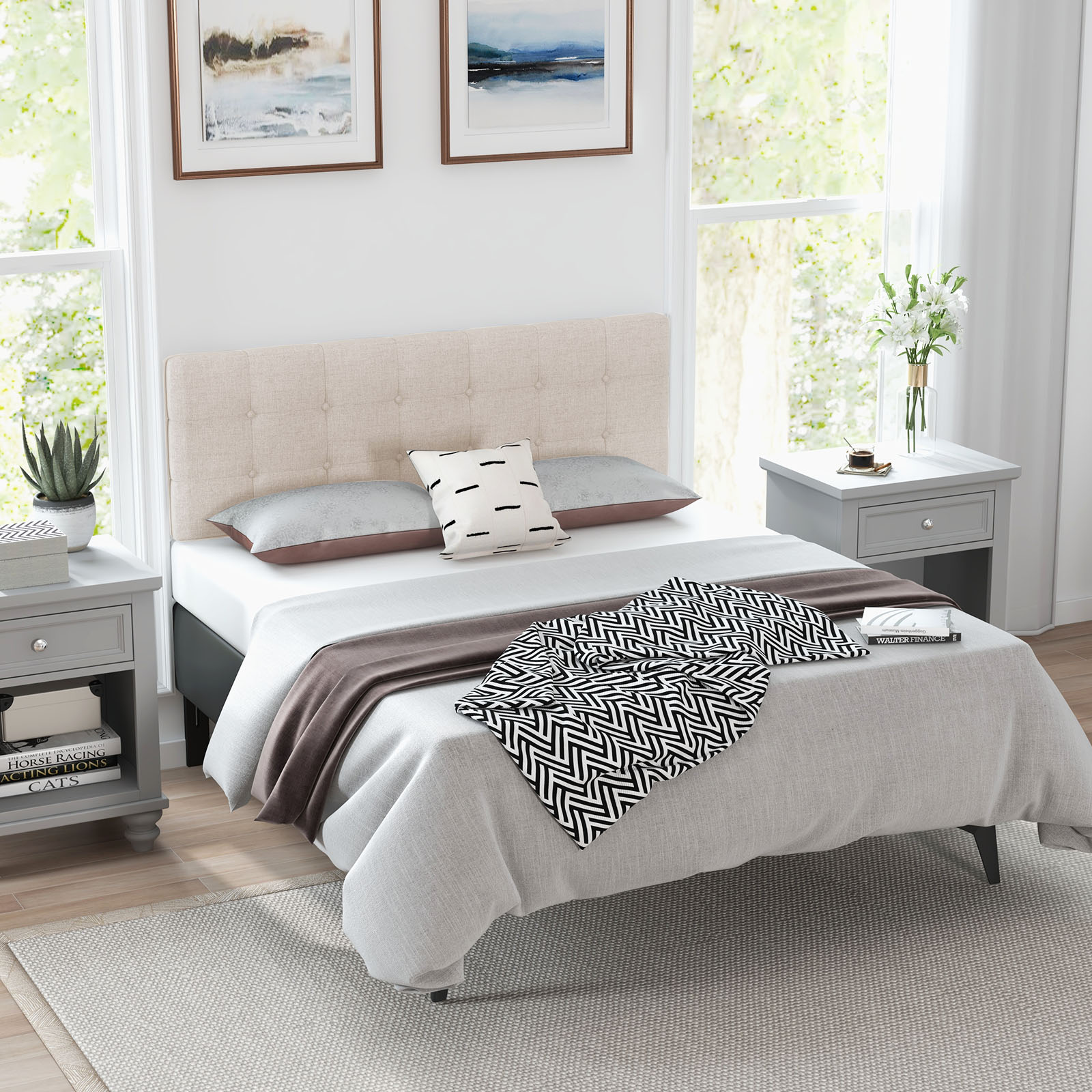 Infans Full/Queen Size Headboard Linen Fabric Upholstered Button Tufted Solid Wood Leg