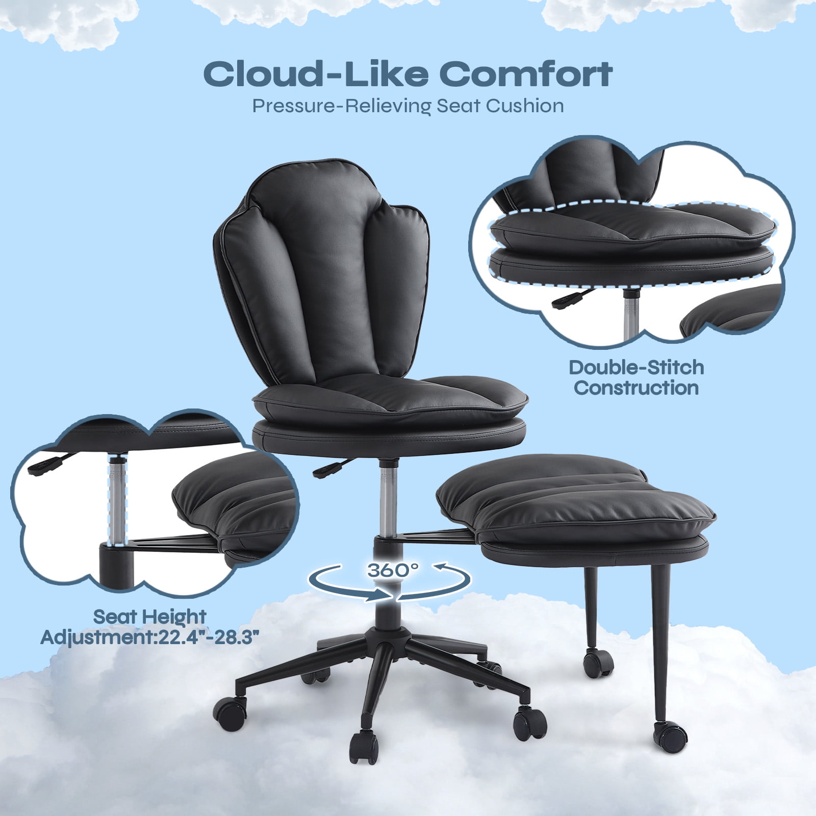 Pinmoco Ergonomic Cross Legged Chair, Cloud Comfort Wide Seat Desk Chairs for Adhd,Meditation ,Yoga and Home Office with Strong Lumbar Support, Black