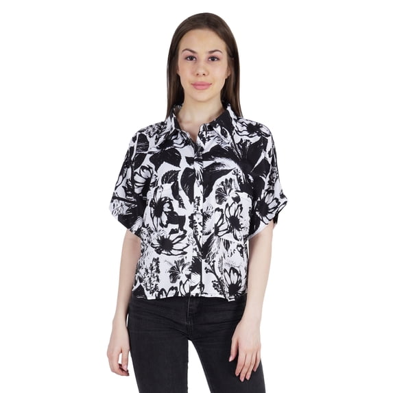 Moomaya WoMen's Printed Top Collar Neck Button-Down Shirt Short Sleeve Tunic