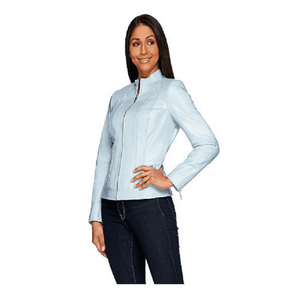 G.I.L.I. Zip Front Leather Jacket with Seaming Detail, Pale Blue, Size 0,  $303