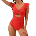 thumbnail image 5 of Penkiiy 2024 Women's Ruffled One Piece Swimsuits V Neck Tummy Control Swimwear Cutout High Waisted Bathing Suit L Red, 5 of 6