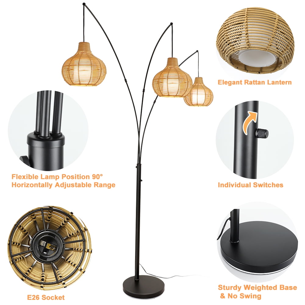 Depuley 90-Inch 3 Light Farmhouse LED Floor Lamp with Adjustable Heads and Rattan Lampshades, E26 Bulb