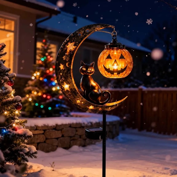 Solar Halloween Garden Stake Light, Black Cat & Pumpkin Moon Decor, Waterproof LED Yard Light for for Outdoor Lawn Patio Fall Harvest&Halloween Decor