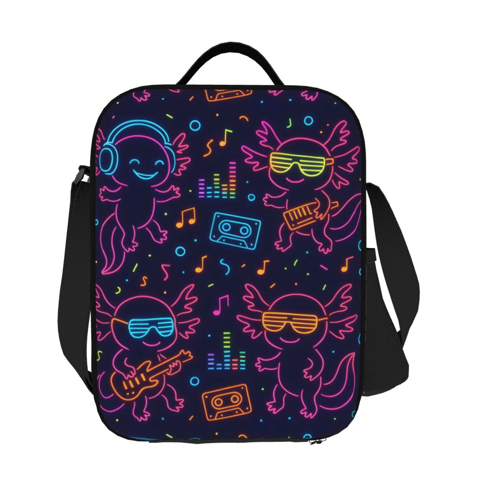 Thermal Insulation One Shoulder Portable Bento Bag Can Be Reused 8×10.5in For Carrying Drinks Bento Box Fruit Snacks Neon Party Axolotls - 80s Synthwave