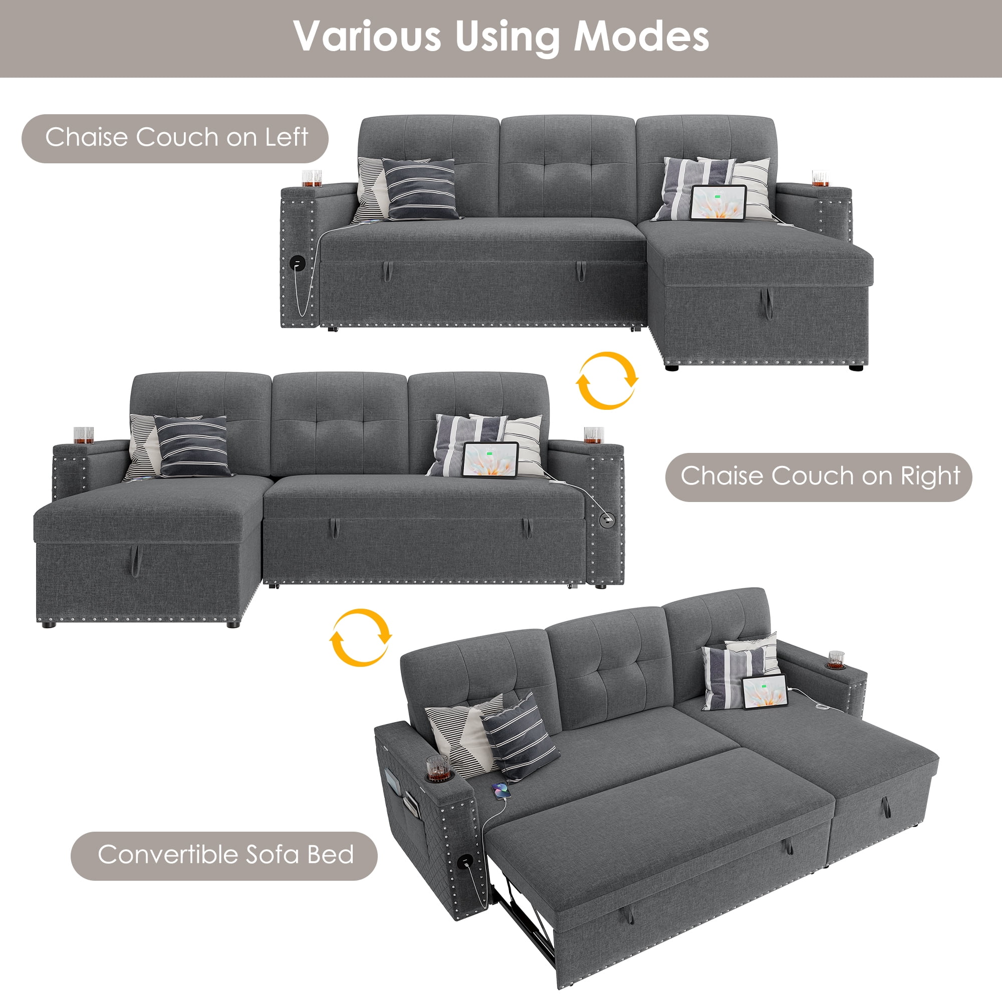 Homfa Gray Sofa Bed with Storage & USB Charging Port, L Shaped Sofa Bed Couches with Storage & Pull out Bed for Living Room