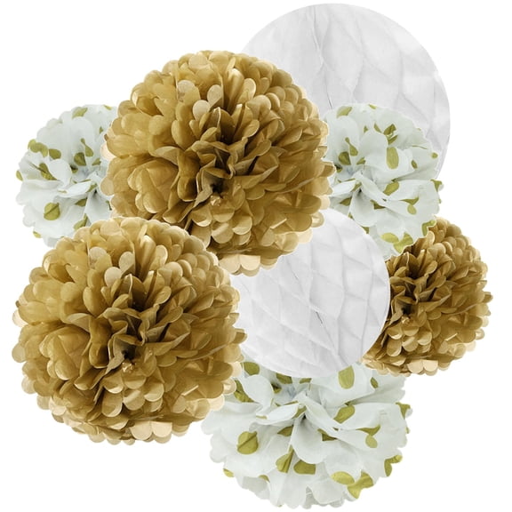 Wrapables® Set of 21 Tissue Honeycomb Ball and Pom Pom Party Decorations for Weddings, Birthday Parties Baby Showers and Nursery Decor, Gold and White