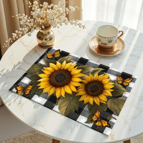 Yellow Sunflower on Black and White Lattice Placemats Set of 4 Sunflowers Linen Washable Placemat Buffalo Plaid Kitchen Dining Heat-Resistant Place Mats Desktop Decor Table Mats 12x18 Inch