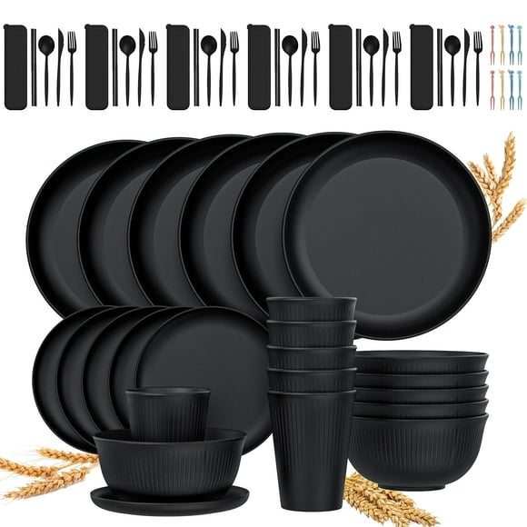 GPED 68 Pzas de Vajilla de Paja de Trigo para 6, Vajilla Irrompible, Platos y Tazones Reutilizables de Paja de Trigo, Juego de Cubiertos para Acampar, Apto para Lavavajillas y Microondas, Negro
