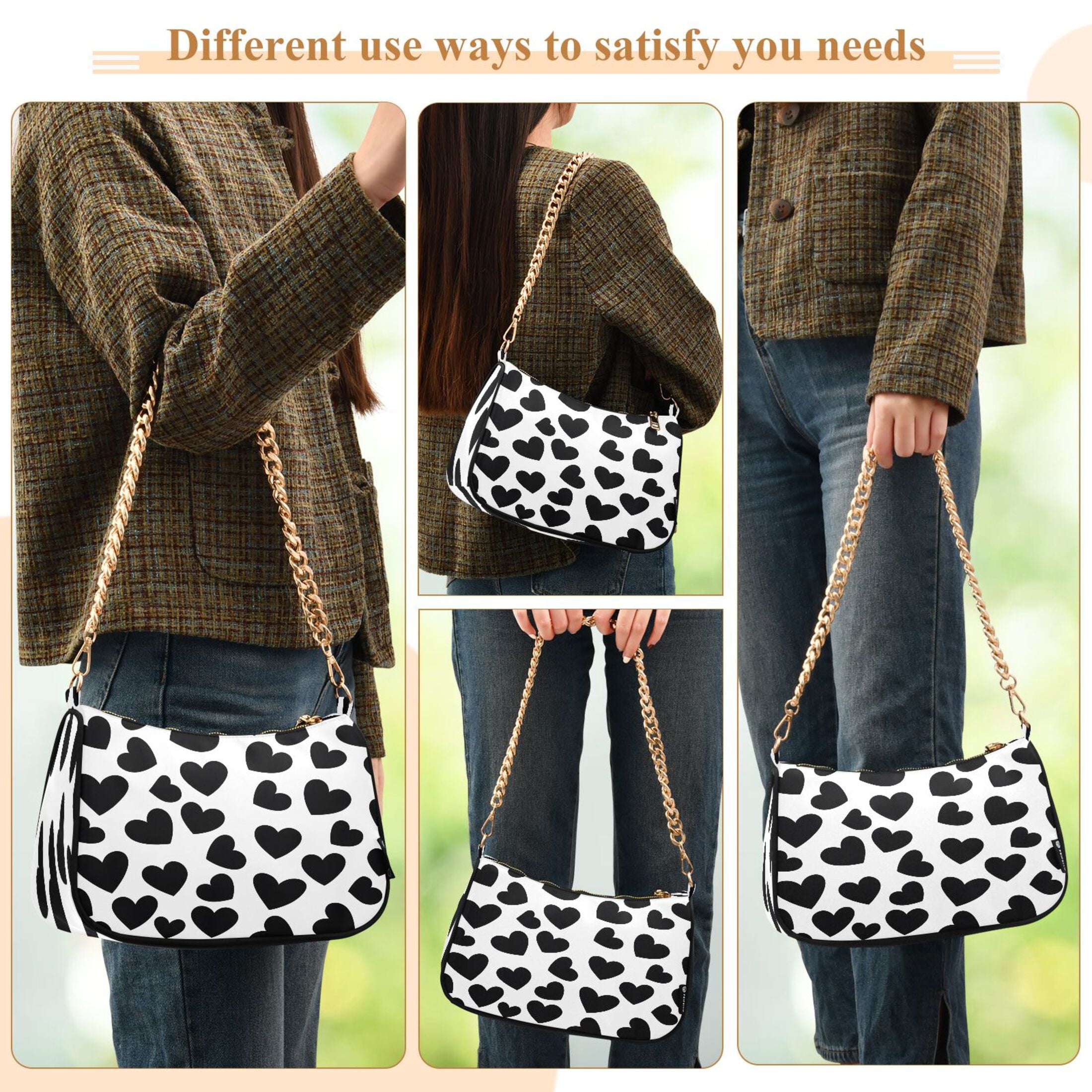 Ryvnso Black Heart Pattern Womens Chain Shoulder Bag Tote Handbags Clutch Hobo Purse with Zipper for Travel