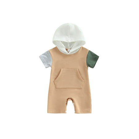 

MissiMae Infant Baby Summer Hood Romper Contrast Color Short Sleeve Jumpsuit with Kangaroo Pocket for Boys Girls 0-18M