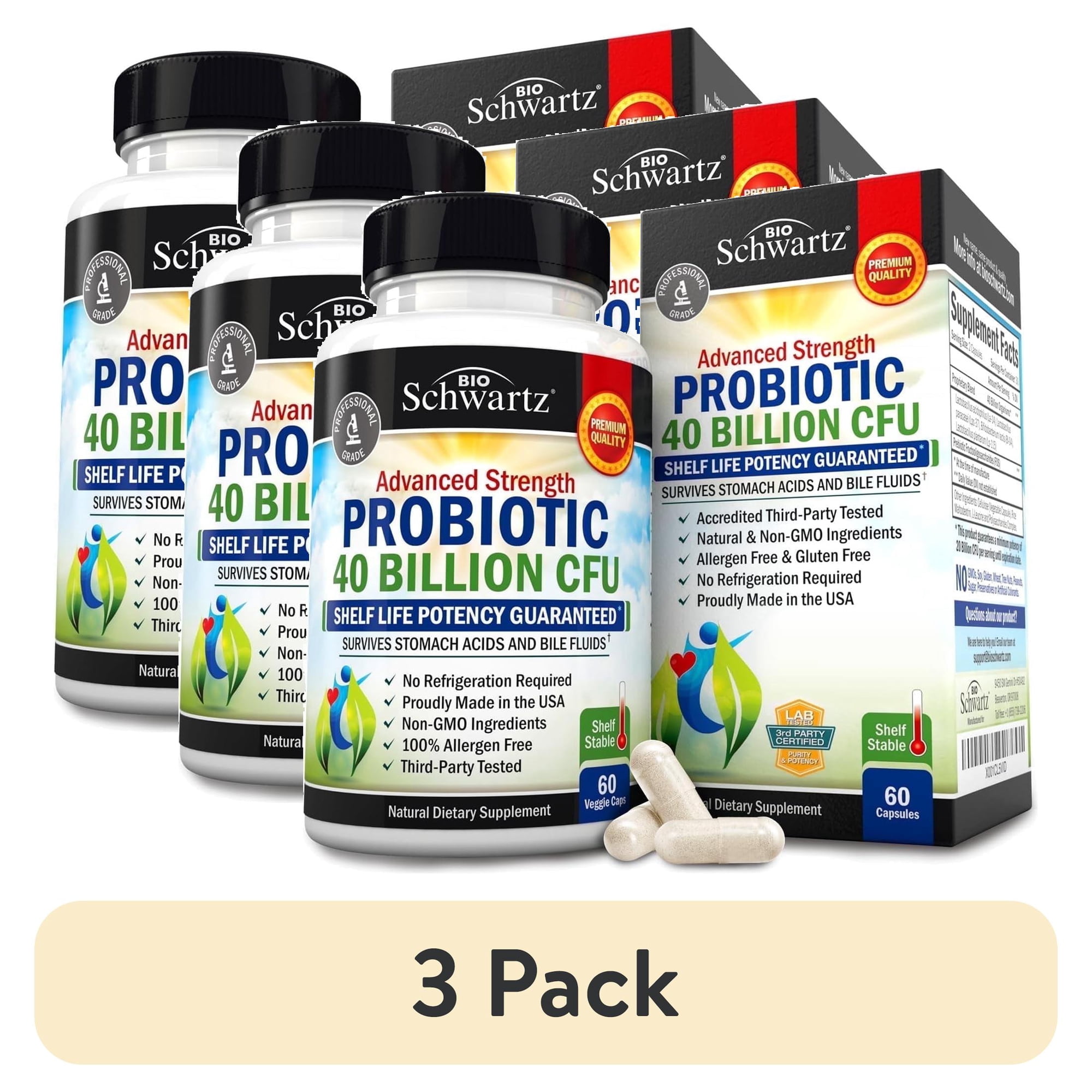 (3 pack) BioSchwartz Advanced Strength Probiotic Capsules, Prebiotics and Probiotics for Women and Men, 40B CFUs, 60 Count