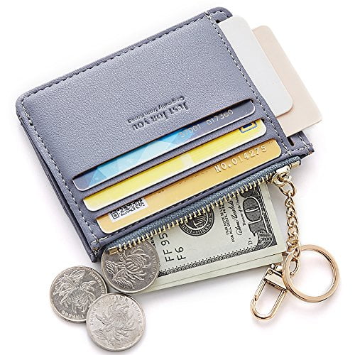 Cyanb Slim Leather Card Case Holder Front Pocket Wallet Change Purse for Women Girls keychain 