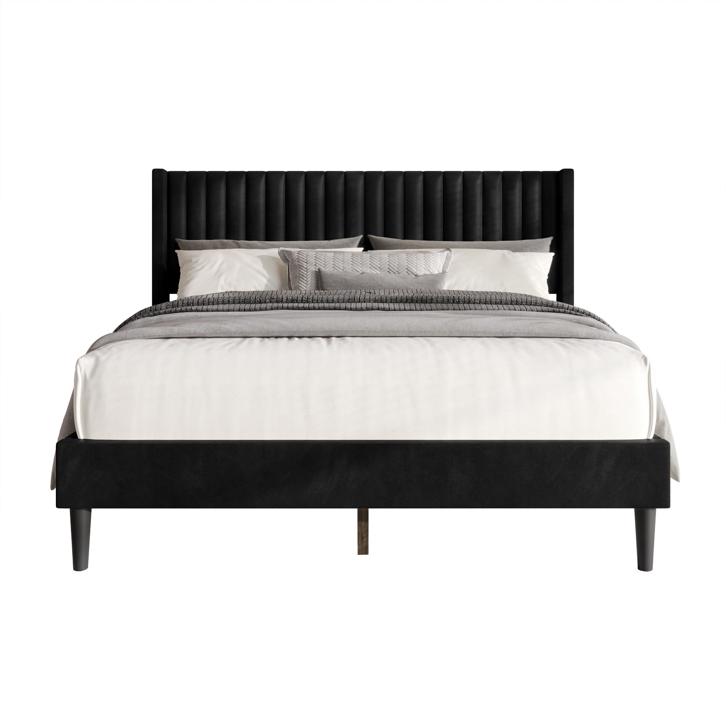 Favorer Montrose Upholstered Wingback Bed, Channel Tufted Headboard, Platform Design