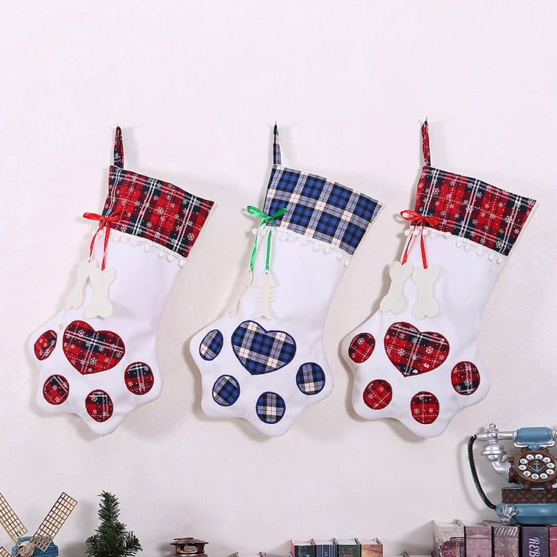 Pet Paw Christmas Stocking Socks Dog Stocking Gift Bag Xmas Tree Hanging Decors 