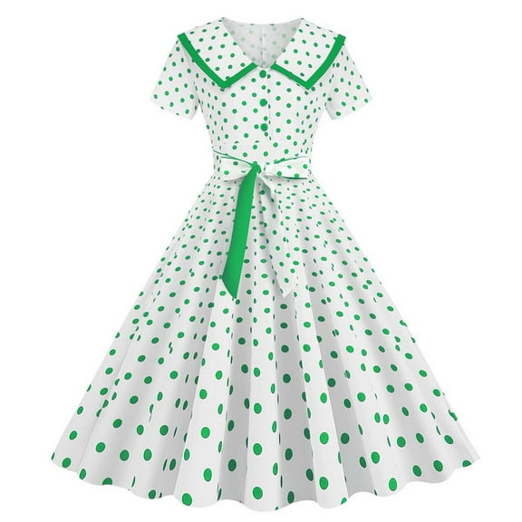 Dianli Sundresses for Women Graduation Party Vintage Pleated Swing A Line 1950S Dresses with Bow Formal Lapel Short Sleeve Dot Print Midi Summer Dress Green s